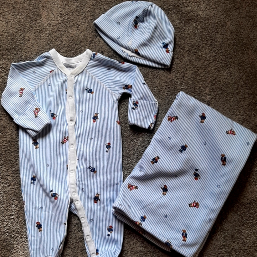 Ralph Lauren "Paddington"  One Piece coverall onsie, blanket wrap and beanie set
